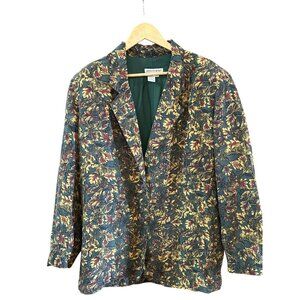 Vintage Worlds Apart Green Yellow Leaf Pattern Silk Blazer Size Large Y2K 1990s